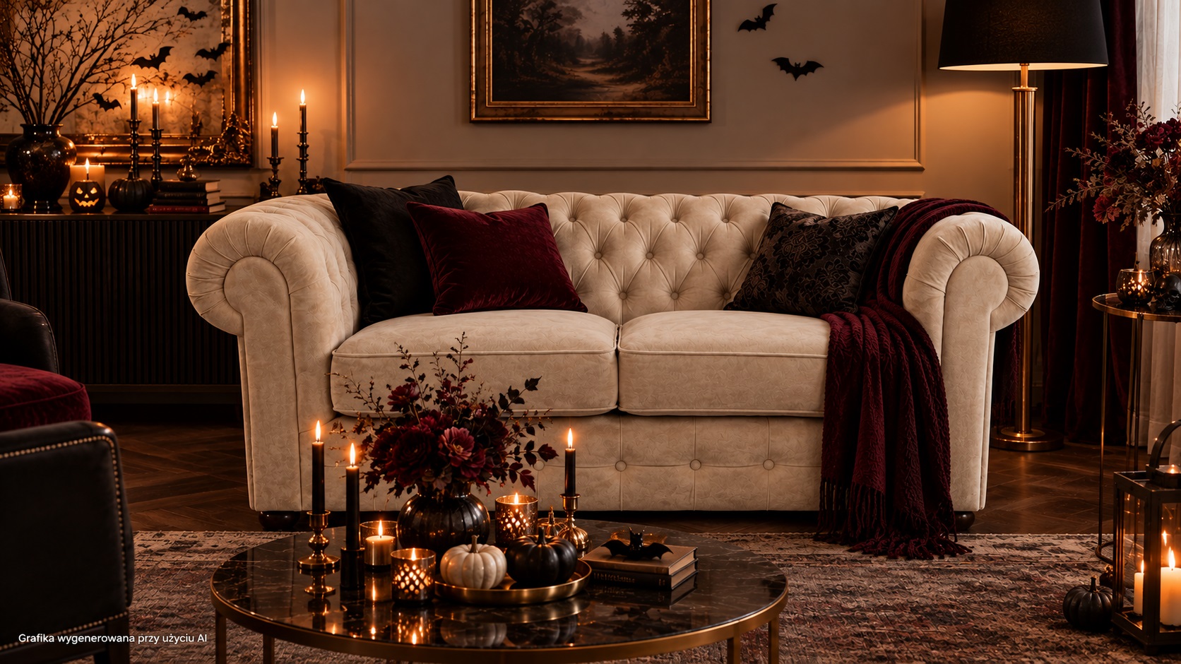 Elegancki salon w halloweenowym blasku candeli z sofą Chesterfield